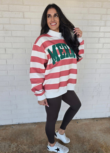 Red Striped "Merry" Mock Neck Sweatshirt