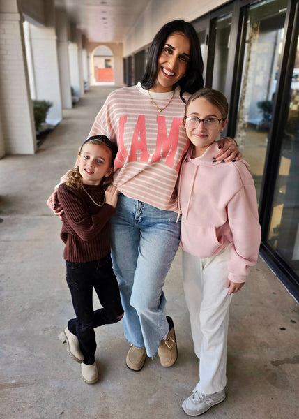 "Mama" Pink & White Stripe Knit Long Sleeve Top
