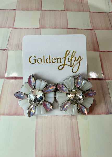 White Rhinestone & Bead Burst Earrings
