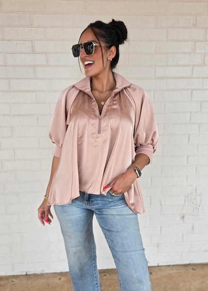 Play It Again Blush Half Zip Flowy Blouse