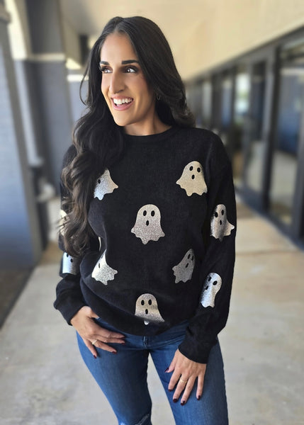 Hey Boo Halloween Ghost Corded Black Sweatshirt