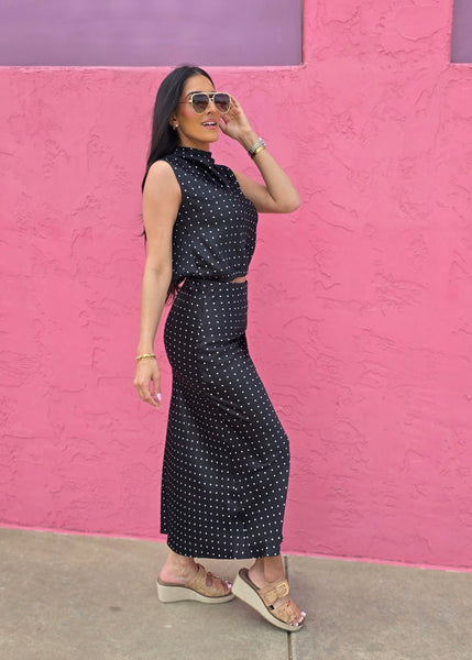 Sudden Connection Black & White Polka Dot 2 Pc Top & Midi Skirt Set