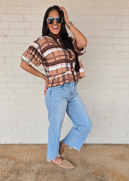 Plan On It Camel/Brown Plaid Baby Doll Top