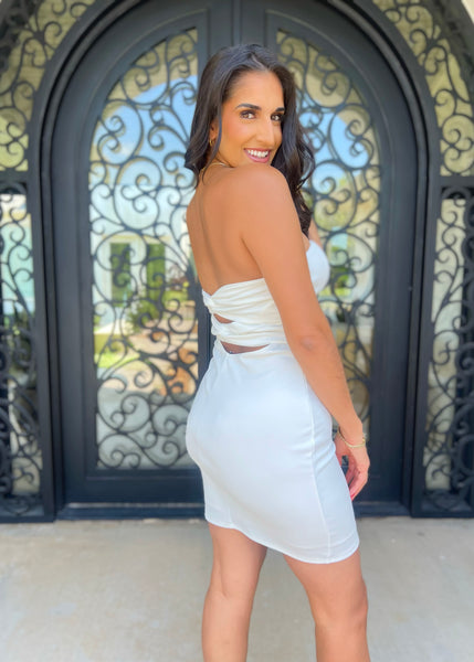 Feeling Lucky White Strapless Twist Back Mini Dress