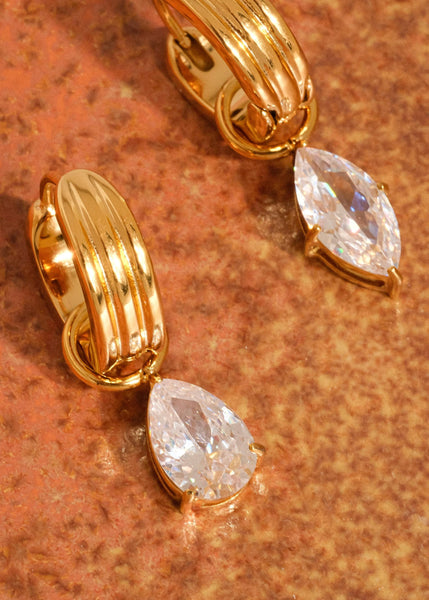 Saffron 18K Gold Non-Tarnish Teardrop CZ Mismatch Earrings