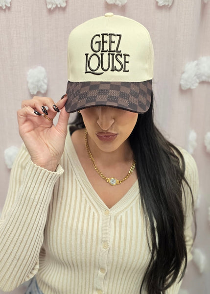 “Geez Louise” Brown Checkered Canvas Trucker Hat