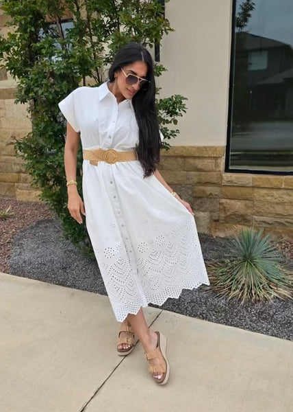 Island Getaway White Button Midi Dress