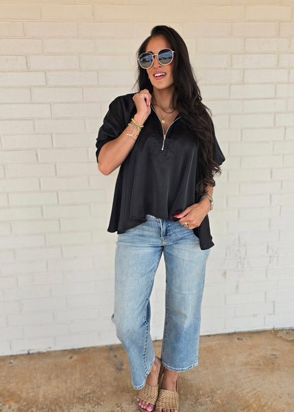 Play It Again Black Half Zip Flowy Blouse