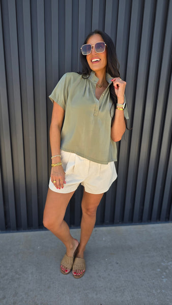 Sunset Serenade Olive Iridescent Short Sleeve Top