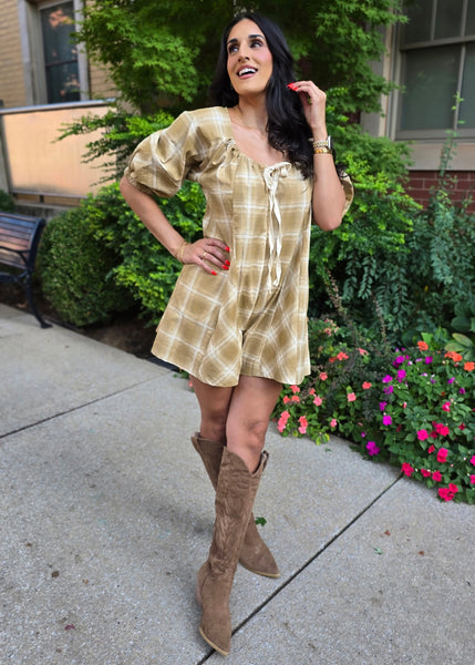 All In Season Camel Plaid Romper