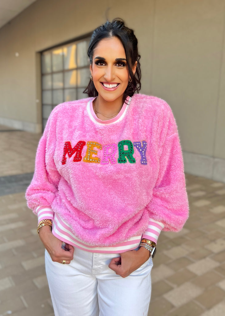 Pink Fuzzy MERRY Sweatshirt Pink Attitude Boutique