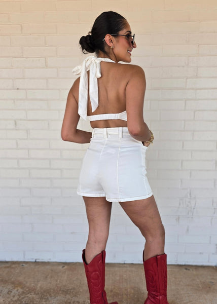 Hey Cowgirl White Halter Denim Mini Romper Dress