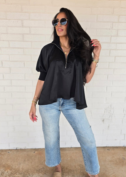 Play It Again Black Half Zip Flowy Blouse