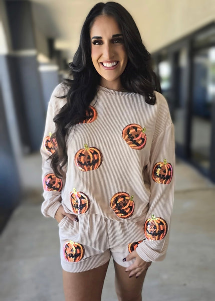 Halloween Sequin Pumpkin Corded Two Piece Shorts Set