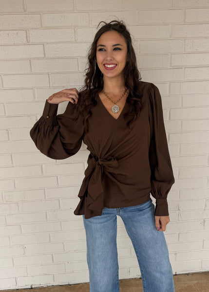 Believe Me When I Say Side Tie Brown Blouse