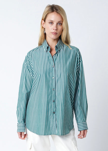 Key To My Soul Green/White Striped Button Up