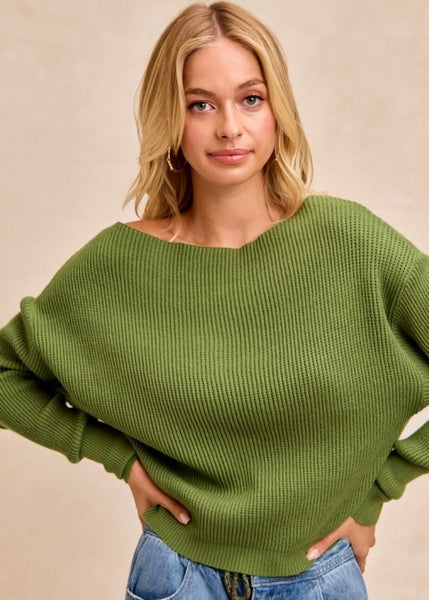 Fireside Casual Off The Shoulder Olive Waffle Knit Top