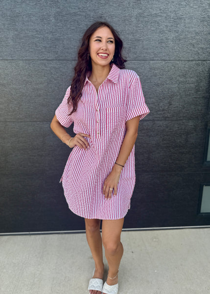 Casual Classic Red/White Striped Seersucker Shirt Dress
