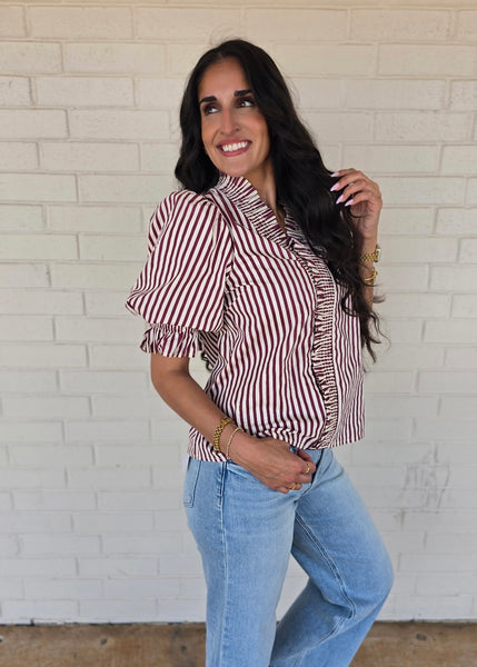 Get In Line Burgundy & White Striped Top