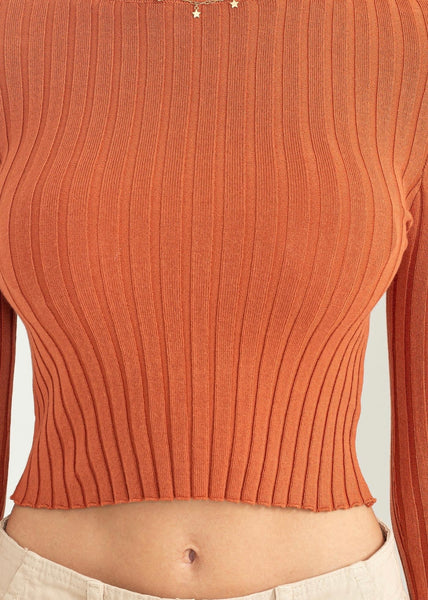 Fall Is Calling Mock Neck Ribbed Cropped Sweater Top -Baked Clay
