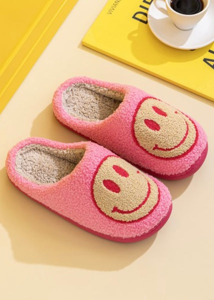 Smiley Fuzzy Slippers - Pink/Tan