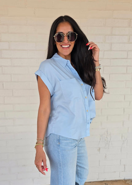 Makes Sense Blue Collared Button Up Top