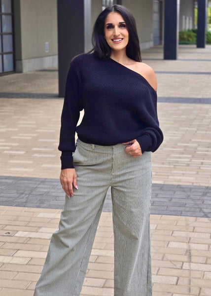 Fireside Casual Off The Shoulder Black Waffle Knit Top