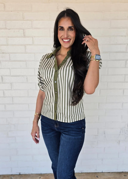 No Bother Olive/White Striped V-Neck Top