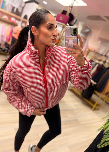 From The Stands Red & White Gingham Puffer Jacket