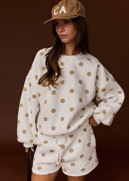 Treat Yourself White & Taupe Polka Dot Sweatshirt & Short Set