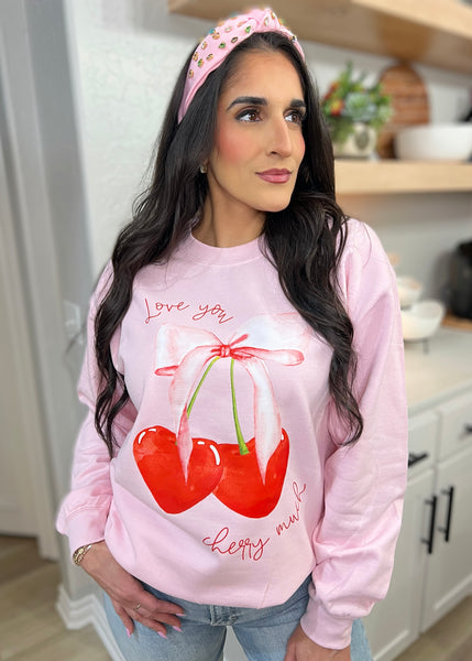 "Love You Cherry Much" Pink Graphic Sweatshirt