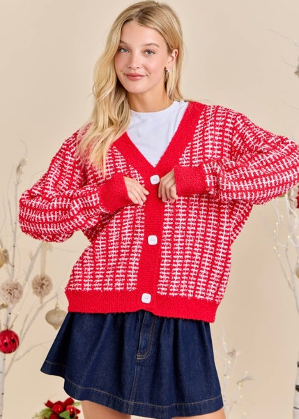 Make A Plan Red & White Fuzzy Cardigan