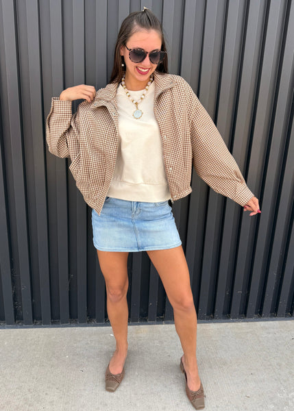 Checked In Long Sleeve Camel Checked Bomber Jacket