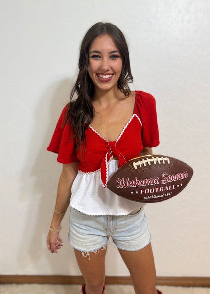 Cheering Squad Red/White Front Tie Top