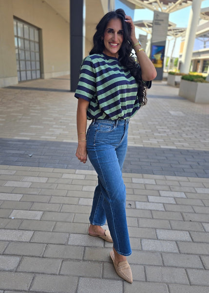 Walk This Way Navy/Olive Cropped Bubble Tee