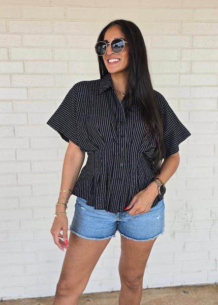 See About Me Black & White Striped Pleated Button Up