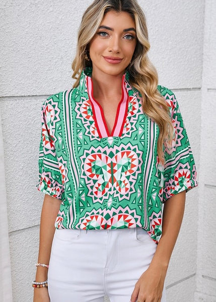 On The Bright Side Green Geometric Print Top