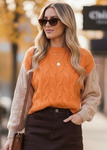 Ride Through Paradise Orange/Tan Cable Knit Sweater