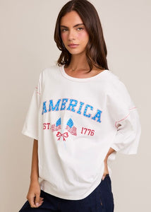 "America" Rhinestone White Bow Flag Tee