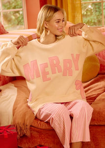 Merry Side Bow Christmas Sweatshirt - Cream/Pink