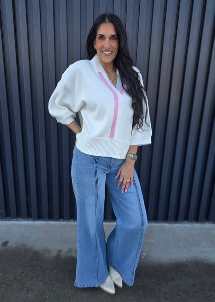 Dream Lover Striped V Neckline White Spring Sweater