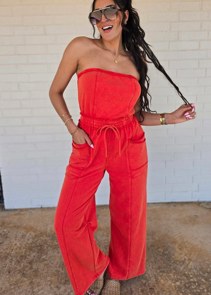 No Exposure Red Strapless Jumpsuit