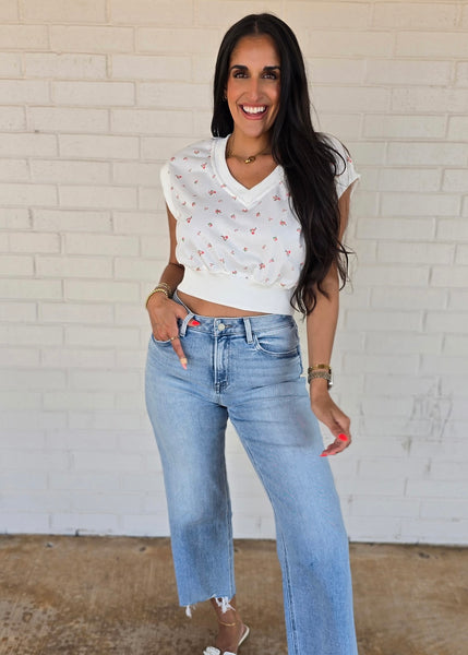 Ditsy Floral White V Neck Crop Top