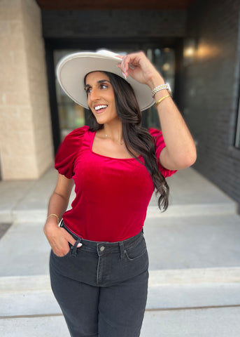 Follow Your Heart Crimson Velvet Puff Sleeve Bodysuit