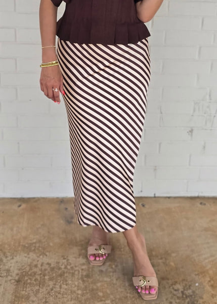 More Fun Brown/Cream Striped Midi Skirt
