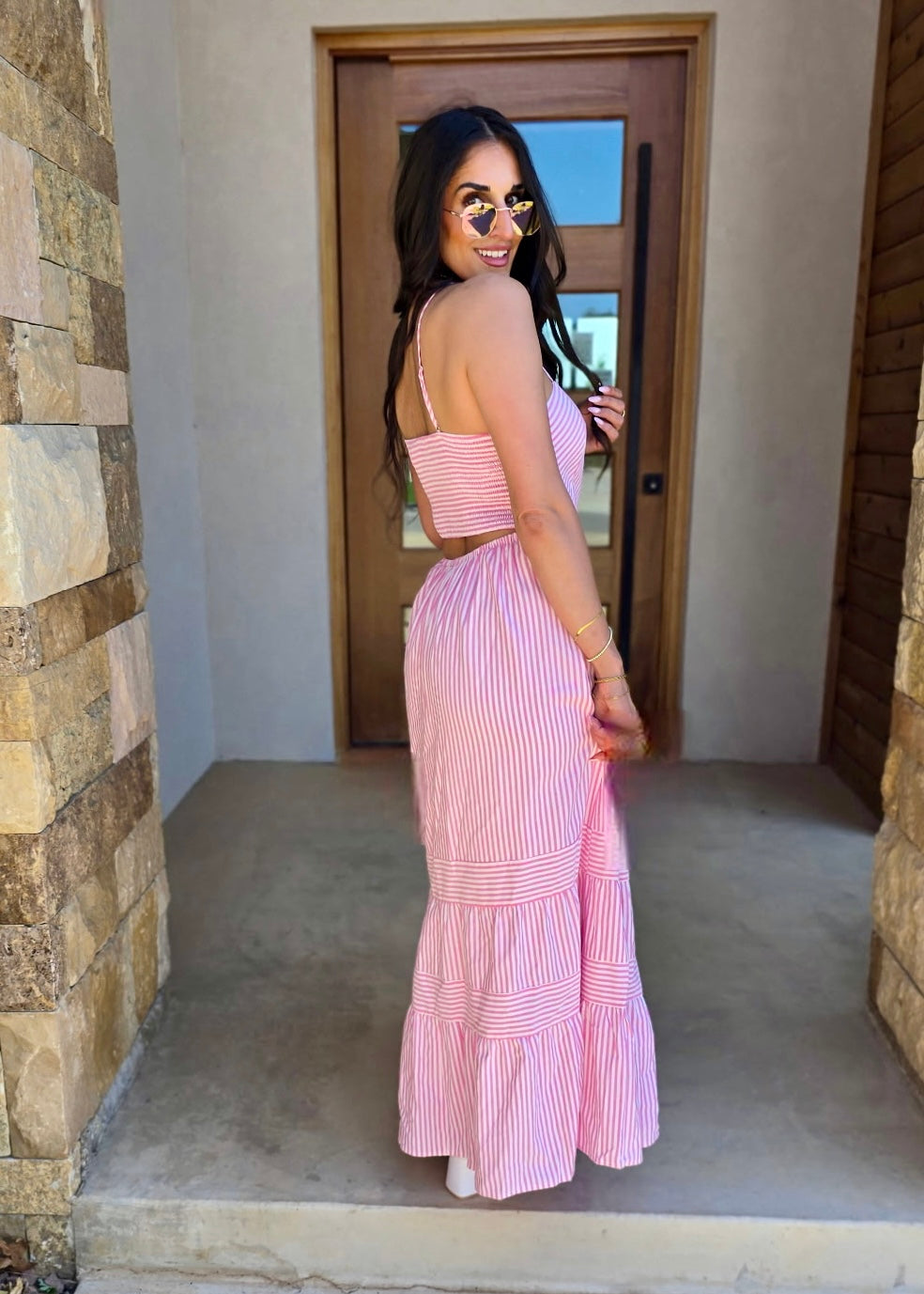 pink and grey striped maxi dress Pink Striped Halter Maxi Dress