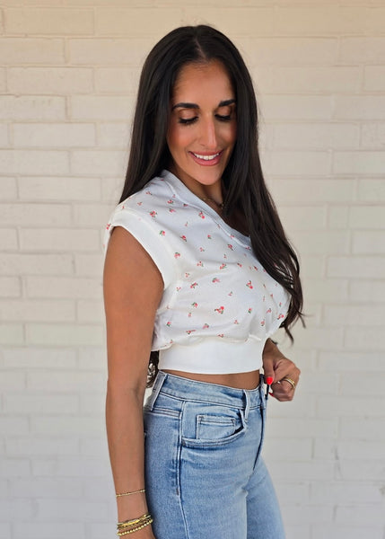 Ditsy Floral White V Neck Crop Top