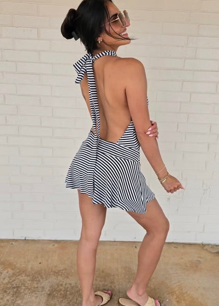 You Got Me Navy Striped Backless Halter Mini Dress-Romper