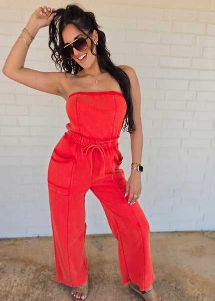 No Exposure Red Strapless Jumpsuit