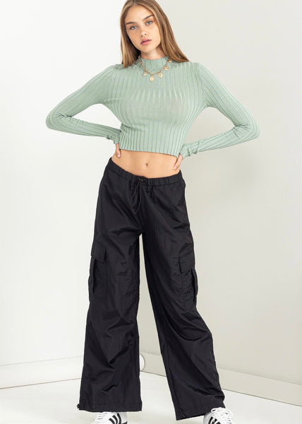 Fall Is Calling Mock Neck Ribbed Cropped Sweater Top - Iceberg Green
